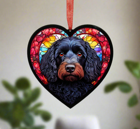 Cockapoo Black Stained Glass Effect Heart Suncatcher